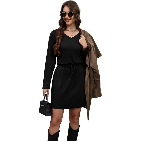 Fall Dress Women Casual Long Sleeve V Neck A-Line Pockets Belt - Picture 2 of 5